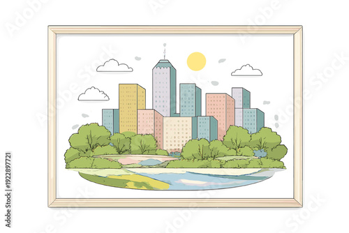This framed digital illustration depicts a vibrant city skyline with colorful skyscrapers, lush green trees, and a flowing river under a bright yellow sun and fluffy white clouds.