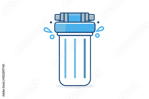 A flat vector illustration of a water filter cartridge with a blue cap and white body, featuring blue vertical stripes and water droplets on a black background.