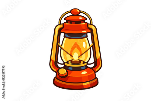 A stylized illustration of a vintage red kerosene lantern with a glowing flame inside, set against a solid black background. The lamp features a metal frame and a glass globe.