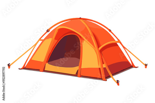 A 3D illustration of a bright orange and yellow dome tent with an open entrance, set against a solid black background. This camping shelter features visible poles and guy lines.