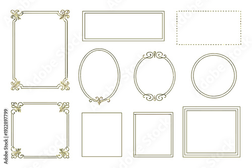 A collection of ten vintage gold frames in various shapes including rectangular, oval, and circular designs with ornate filigree details, set against a solid black background.