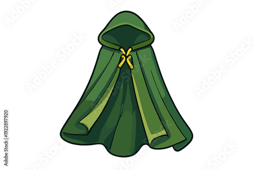 This cartoon illustration depicts a green hooded cape with yellow neck ties. The garment features flowing fabric with highlights and shadows, set against a solid black background.