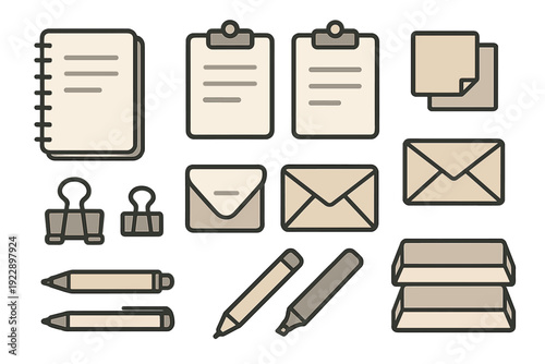 A collection of stationery and office supply icons including a notebook, clipboards, envelopes, pens, and binder clips in a minimalist flat design style with beige tones.
