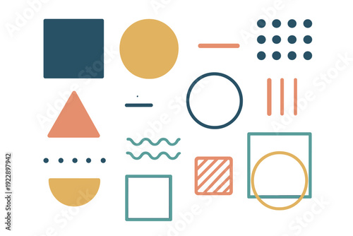 A collection of abstract geometric shapes including circles, squares, triangles, and wavy lines in a minimalist style with a color palette of blue, yellow, and peach on a black background.