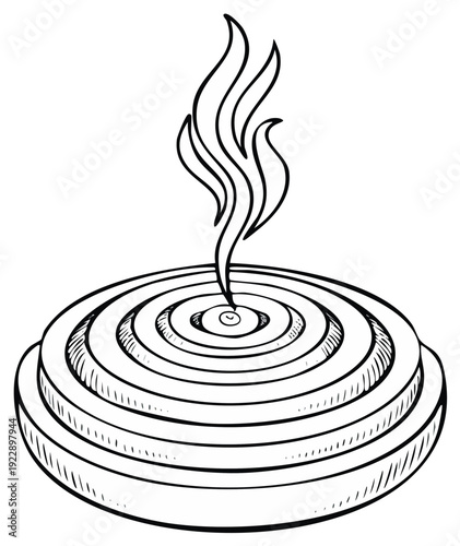 Hand-Drawn Illustration of a Circular Incense Burner with Smoke Wisps