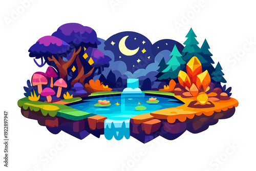 A vibrant cartoon illustration of a floating island at night featuring a glowing pond, a small waterfall, purple trees, pink mushrooms, and large orange crystals under a crescent moon.
