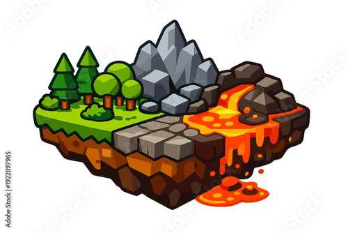 A stylized isometric 3D floating island featuring a lush green forest with trees, a rocky mountain range, and a volcanic area with flowing orange lava against a black background.