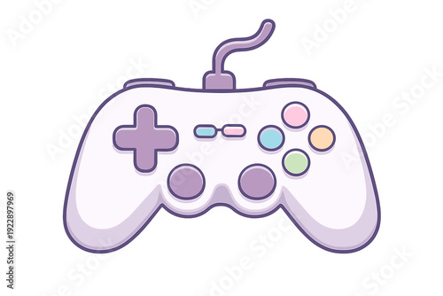 A flat vector illustration of a white video game controller featuring colorful pastel buttons and a purple cord. The simple design is isolated against a solid black background.