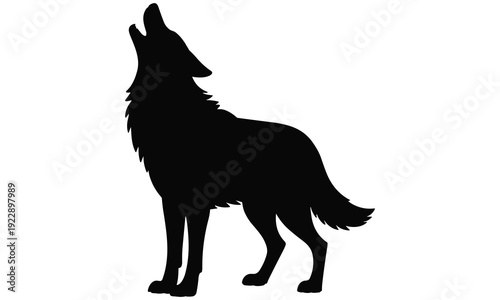 Silhouette of a wolf standing on all fours with its head tilted upwards and mouth open as if howling at the moon, a classic representation of wild nature and animal behavior in a simple yet evocative