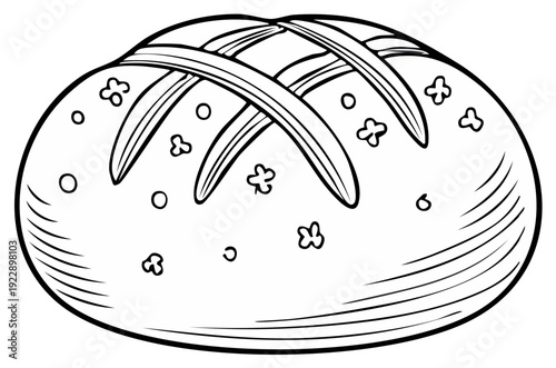 Line art drawing of a round loaf of bread with cross-shaped score marks
