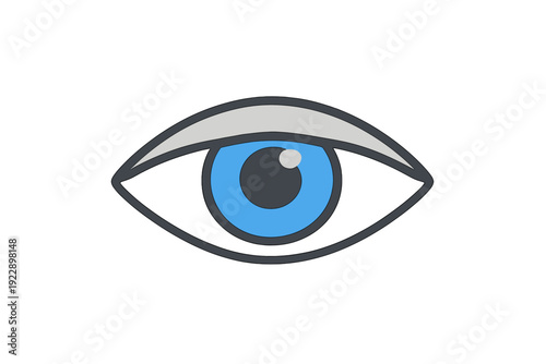 A stylized vector illustration of a human eye with a bright blue iris and a dark pupil, set against a solid black background. The design features clean lines and a minimalist aesthetic.