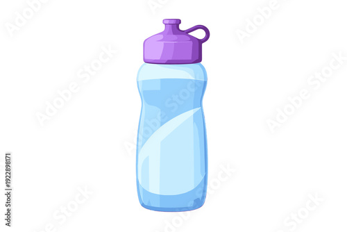 A 3D illustration of a blue plastic water bottle with a purple cap and a small carrying loop, isolated on a black background. The bottle has a sleek, modern design for sports and fitness.