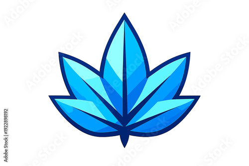 A stylized blue leaf graphic with five pointed lobes and dark blue outlines, set against a solid black background. The design features geometric shading and a modern aesthetic.