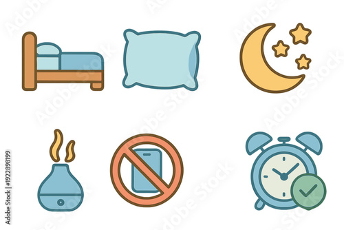 A collection of six colorful icons representing sleep hygiene and bedtime routines, including a bed, pillow, crescent moon with stars, diffuser, no phone sign, and an alarm clock.
