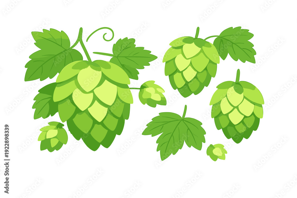 Naklejka premium This illustration shows several green hop cones and serrated leaves on a black background. The stylized artwork depicts the essential ingredients used in the beer brewing process.