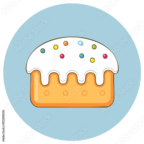 Traditional Easter cake illustration with white icing and colorful sprinkles