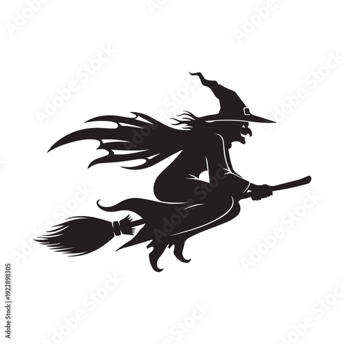 Silhouette of a witch flying on a broom with wide wings in a tribal tattoo style design