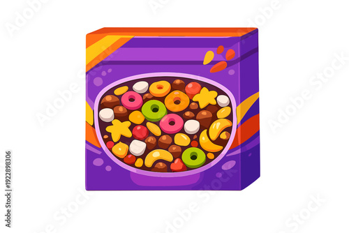 A purple cereal box illustration featuring a bowl filled with colorful breakfast cereal in various shapes like rings, stars, moons, and marshmallows on a dark background.