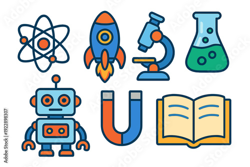 A collection of science and technology icons including an atom, rocket, microscope, beaker, robot, magnet, and an open book, presented in a flat vector style with blue and orange colors.