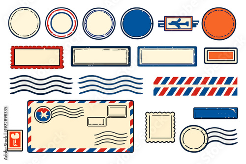 A collection of vintage postal design elements including airmail envelopes, circular postmarks, and rectangular labels in a red, white, and blue color palette with a distressed texture.
