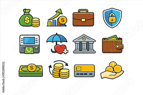 A collection of twelve colorful finance and banking icons featuring a money bag, growth chart, briefcase, shield, ATM, insurance symbol, bank building, wallet, cash, and credit card.