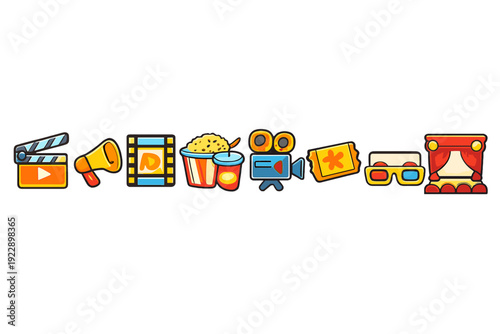 A row of colorful cartoon cinema icons including a clapperboard, megaphone, filmstrip, popcorn, camera, ticket, 3D glasses, and theater stage set against a solid black background.