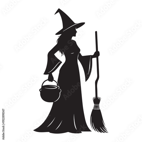 Cartoon witch in black dress and hat flying on a broom for Halloween magic party theme