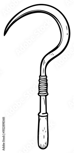 Illustrated sickle farming tool, black and white sketch, isolated