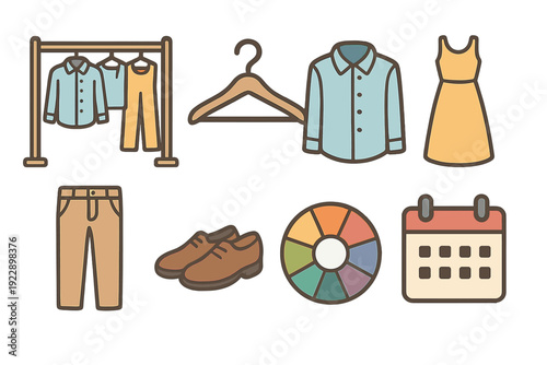 A collection of fashion and clothing icons including a garment rack, hanger, shirt, dress, trousers, shoes, color wheel, and calendar, presented in a flat illustration style.