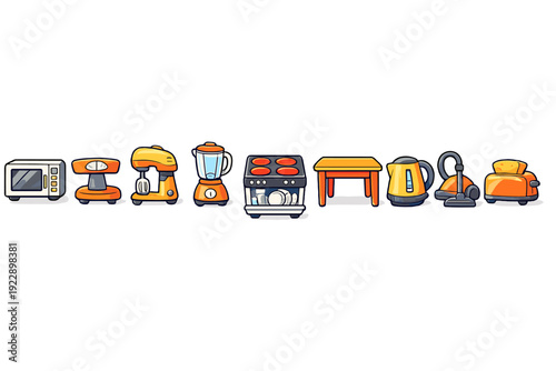 A collection of orange and yellow cartoon kitchen appliances and household items, including a microwave, mixer, blender, stove, table, kettle, vacuum, and toaster, on a black background.