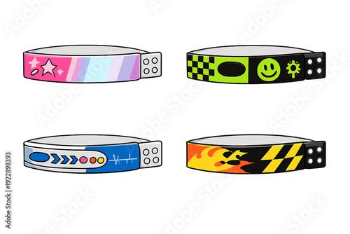 A set of four colorful illustrated wristbands with various designs including stars, smiley faces, flames, and technical patterns on a solid black background.