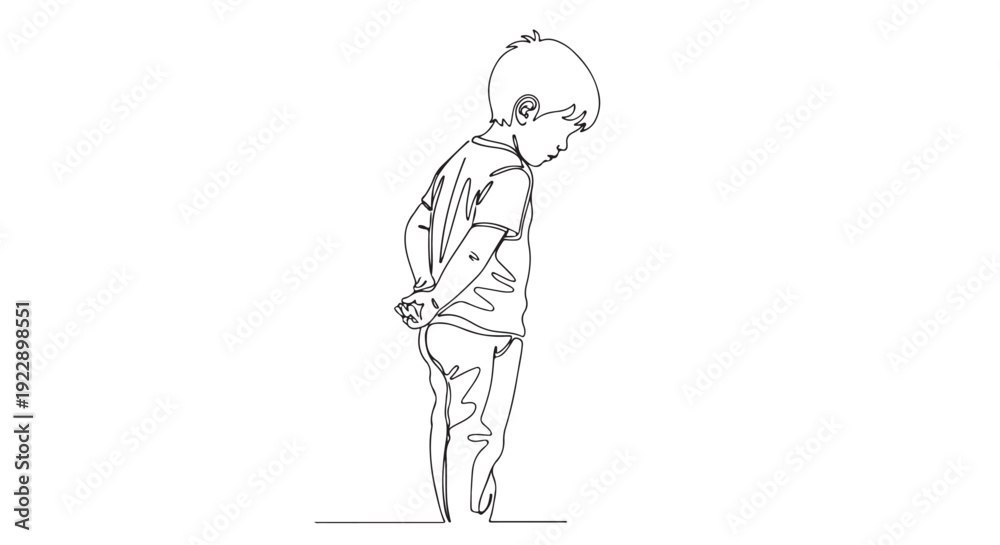 Obraz premium Sad Boy Feeling Down and Lonely, Minimalist Line Art Illustration of a Child with Hands Behind His Back