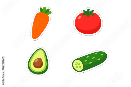 A collection of four vegetable stickers including a carrot, tomato, avocado half, and cucumber. Each illustration features a white border and is set against a solid black background.