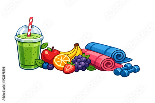 A vibrant cartoon graphic shows a green smoothie cup alongside fresh fruit, yoga mats, and dumbbells, symbolizing health, wellness, and exercise on a dark background.