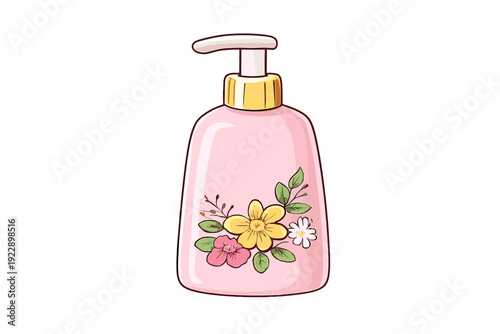 This illustration shows a pink dispenser bottle with a white pump and gold collar, decorated with a colorful floral motif including yellow and pink blossoms and green leaves.