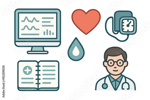 A collection of medical icons featuring a doctor with a stethoscope, a heart rate monitor, a blood pressure cuff, a medical record book, a red heart, and a blue drop on a black background.