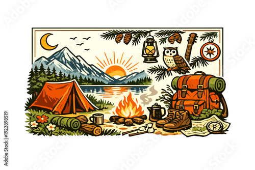 A vintage style illustration of a campsite by a lake with an orange tent, a crackling campfire, a large backpack, and mountains under a rising sun and crescent moon.