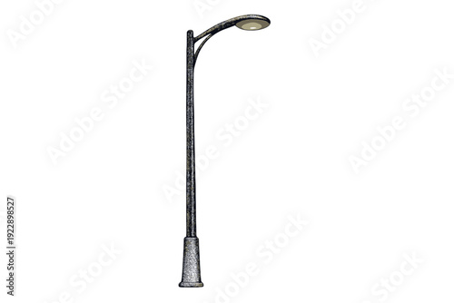 A modern street lamp post with a curved arm and a circular light fixture stands isolated against a solid black background. The pole has a textured dark grey finish.