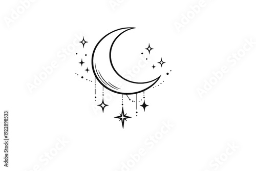 A minimalist black line art illustration of a crescent moon decorated with hanging stars and delicate dots on a plain white background, perfect for celestial and mystical designs.