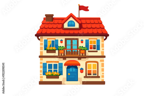 Foto This two-story cartoon house features a red tiled roof with a chimney and a flag