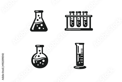 A set of four white line icons on a black background representing laboratory glassware, featuring an erlenmeyer flask, test tubes, a round-bottom flask, and a graduated cylinder.