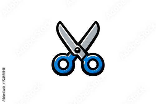 This graphic features a pair of open scissors with bright blue handles and grey blades set against a dark black background. It represents cutting, crafting, and office supplies.