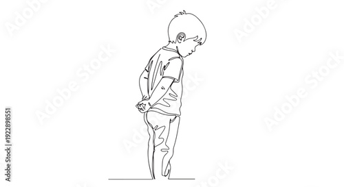 Sad Boy Feeling Down and Lonely, Minimalist Line Art Illustration of a Child with Hands Behind His Back