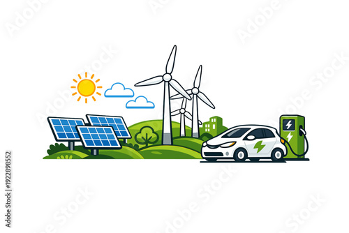 A vector illustration depicting renewable energy sources including solar panels, wind turbines, and an electric car charging at a green station on a sunny day with rolling hills.