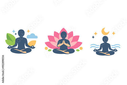 Three stylized icons of a person in a meditation pose on a black background. The designs feature elements like a lotus flower, leaves, a crescent moon, stars, and water waves.