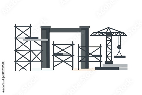 A minimalist vector illustration of a construction site featuring scaffolding, a large structural frame, and a crane lifting a heavy beam against a plain black background.