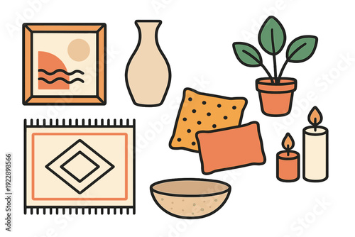 This illustration features various home interior items like a framed landscape print, ceramic vase, houseplant, patterned rug, decorative pillows, bowl, and lit candles.