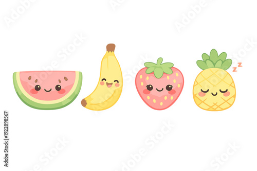 Four adorable kawaii fruit characters featuring a watermelon slice, banana, strawberry, and a sleeping pineapple on a black background. Each character has a cute smiling face.