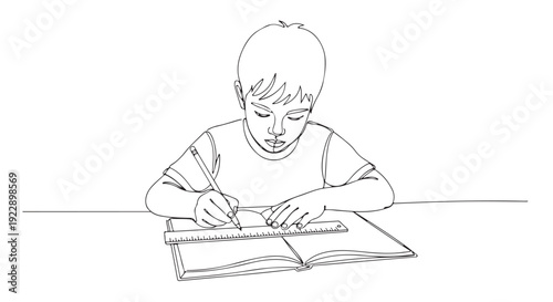 Boy drawing with ruler and pencil in a notebook, illustration for education and learning