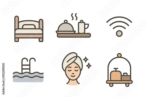 A set of six minimalist hotel and travel icons including a bed, room service tray, Wi-Fi signal, swimming pool, spa treatment, and a luggage cart on a white background.